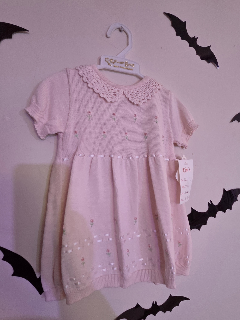 Vintage Feltman Brothers Pink Knit Cotton Lace Floral Embroidered Dress 6M